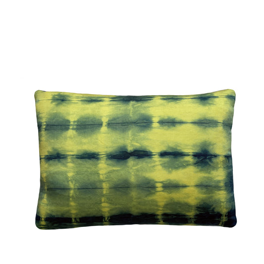 Canary yellow silk pillow dyed with indigo, in abstract dash pattern.