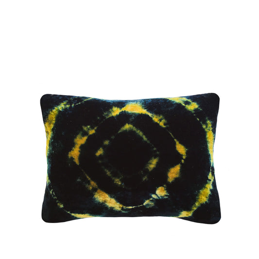 Gold yellow velvet throw pillow dyed with blue indigo in Halo pattern with gray linen backing. Sustainably hand dyed in small batches and sewn in New York City,