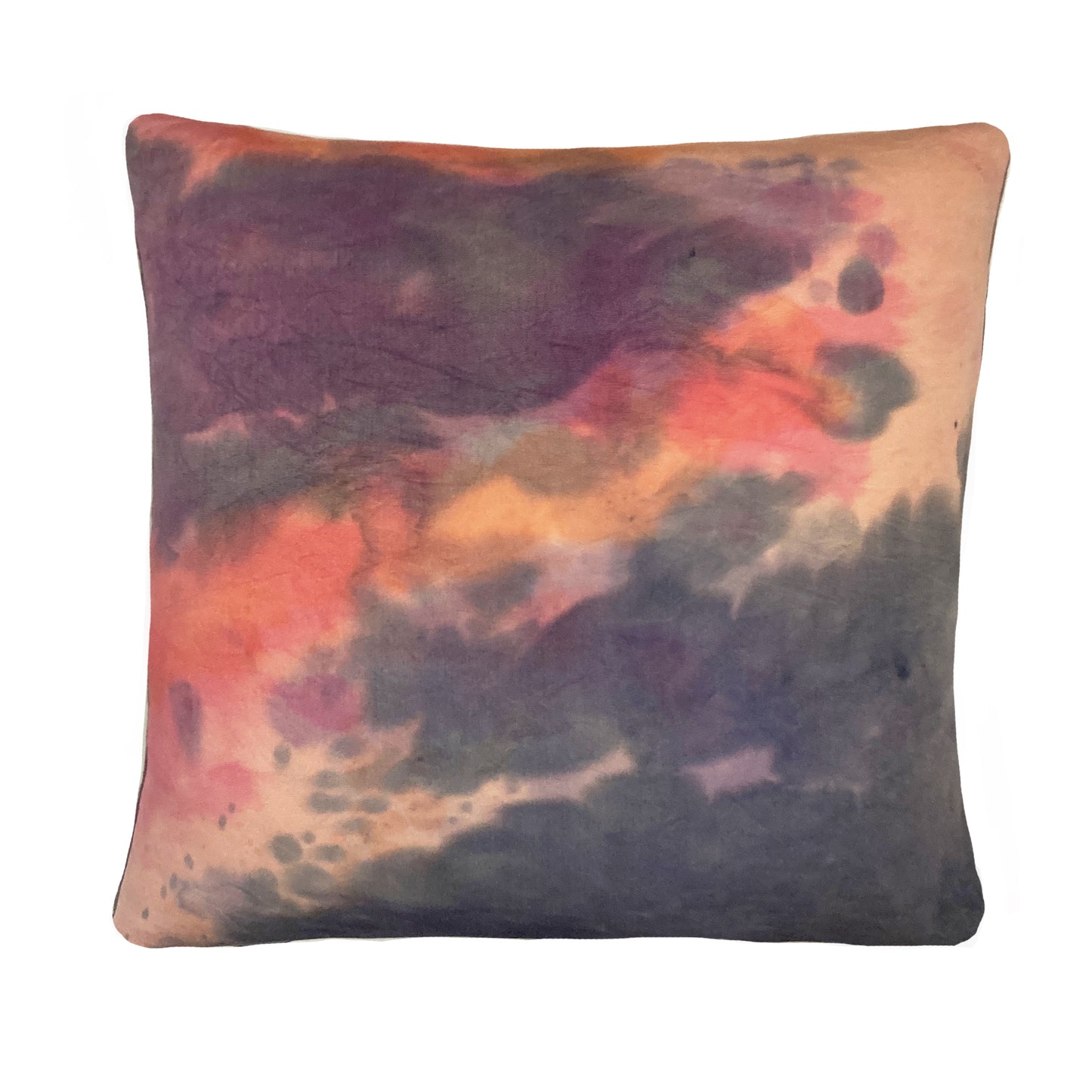 Blush pink silk throw pillow dyed with Pink, Orange and Gray in an abstract pattern with gray linen backing. Hand-painted and sewn in New York City.