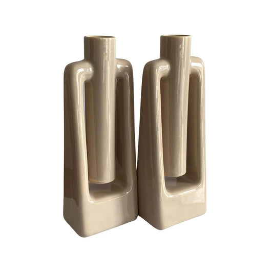 Haeger Ecru Beige Abstract Vases, Postmodern, Pair